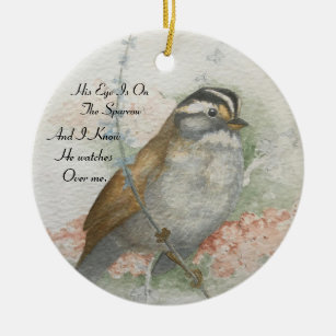 Song Sparrow He Watches Over Me Bible Quote Ceramic Tree Decoration