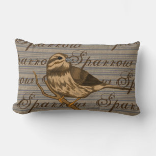 Song Sparrow on Pinstripes and Faux Burlap Lumbar Cushion