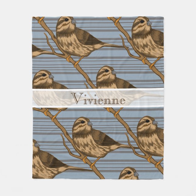 Song Sparrows and Pinstripes Monogram Fleece Blanket (Front)