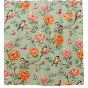 Songbird Floral Botanical - Orange Blooms Mint Hue Shower Curtain