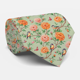 Songbird Floral Botanical - Orange Blooms Mint Hue Tie