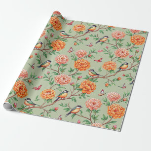 Songbird Floral Botanical - Orange Blooms Mint Hue Wrapping Paper