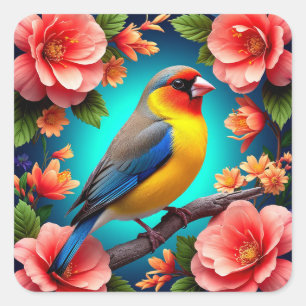 🐦 Songbird Floral Perch Bright Garden Nature Art Square Sticker