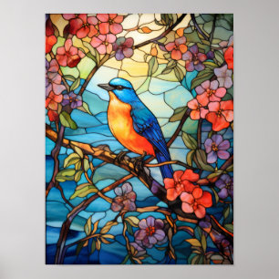 Songbird in Cherry Blossom Tree Stained Glass Artw Poster
