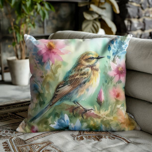 Songbird Melody Graceful Bird & Floral Elegance Cushion