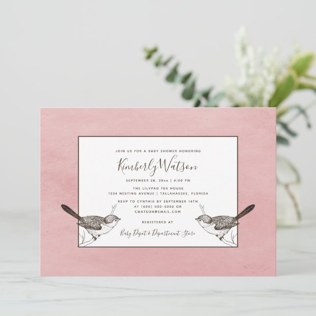 Songbird Pair Baby Shower | Pink Invitation (Standing Front)