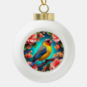 Songbird Perched Amid Bright Flowers Ceramic Ball Christmas Ornament