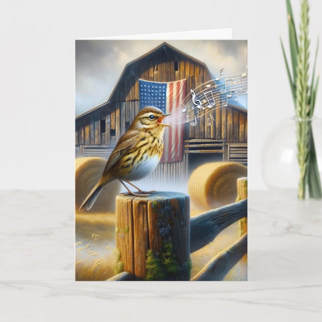 Songbird Singing With American Flag Card (Front)
