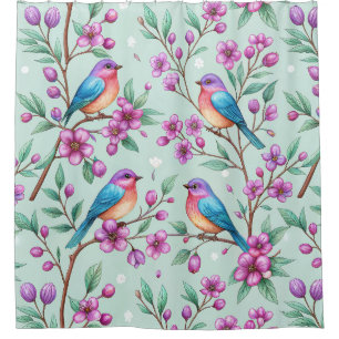 Songbirds and Purple Flowers - Soft Mint Shower Curtain