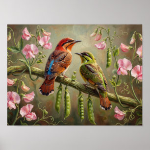 Songbirds and Sweet Pea Flowers Art Poster