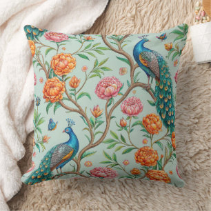 Songbirds Blooms Leaves Botanical Mint Background Cushion