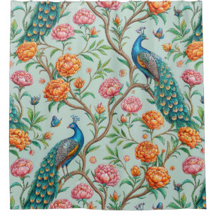 Songbirds Blooms Leaves Botanical Mint Background Shower Curtain