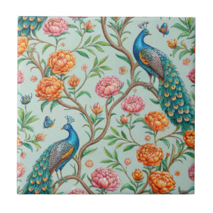 Songbirds Blooms Leaves Botanical Mint Background Tile
