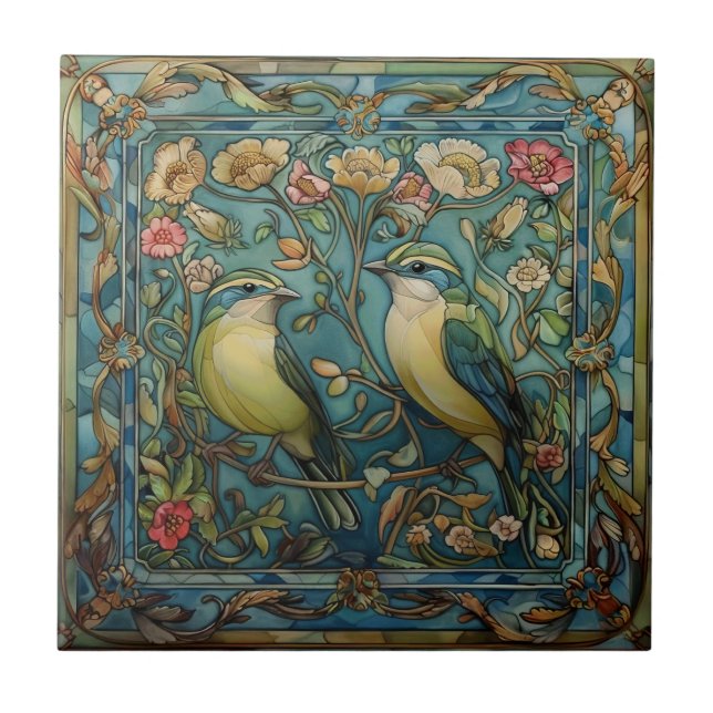 Songbirds in Love Romantic Art Nouveau Design Tile (Front)