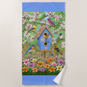 Songbirds Lily Garden Birdhouse Beach Towel