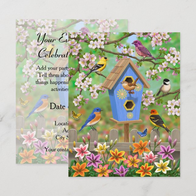 Songbirds Lily Garden Birdhouse Invitation (Front/Back)