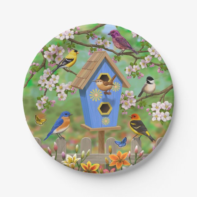 Songbirds Lily Garden Birdhouse Paper Plate (Front)