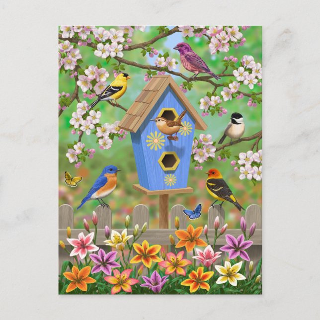 Songbirds Lily Garden Birdhouse Postcard (Front)