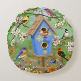 Songbirds Lily Garden Birdhouse Round Cushion