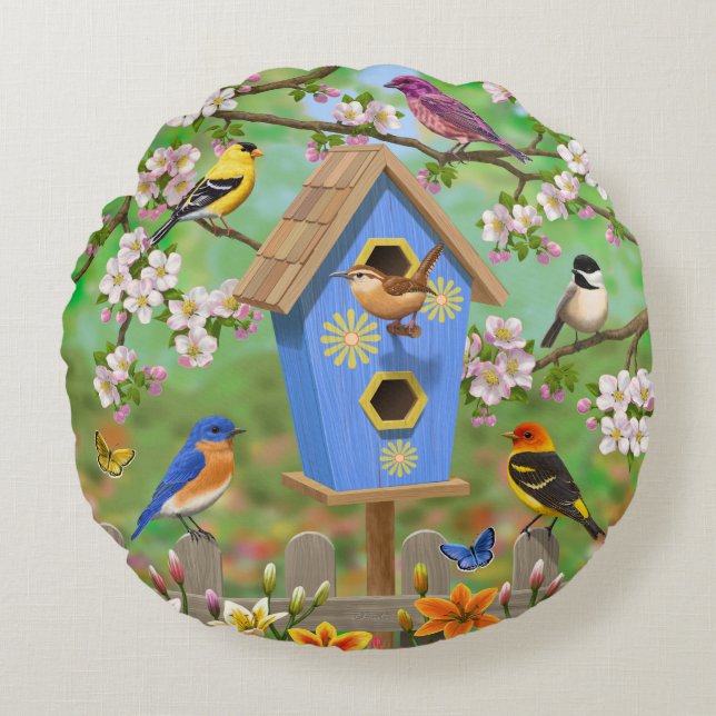 Songbirds Lily Garden Birdhouse Round Cushion (Front)