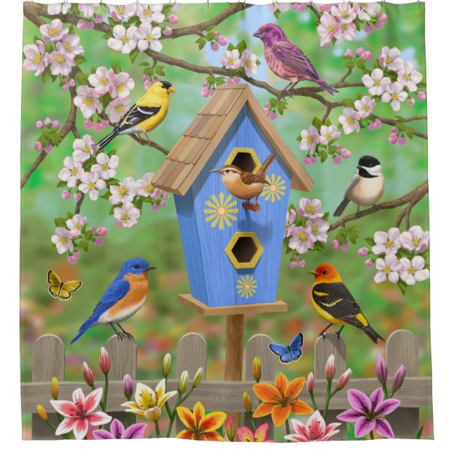 Songbirds Lily Garden Birdhouse Shower Curtain (Front)