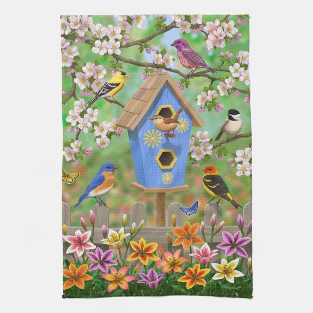 Songbirds Lily Garden Birdhouse Tea Towel (Vertical)