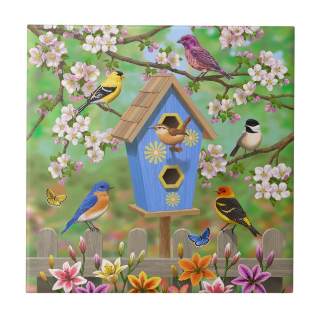 Songbirds Lily Garden Birdhouse Tile (Front)