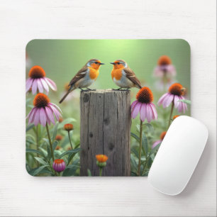 Songbirds On a Fence Post With Coneflowers Mouse Mat