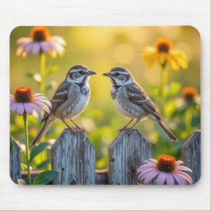 Songbirds Perched On Picket Fence Mouse Mat