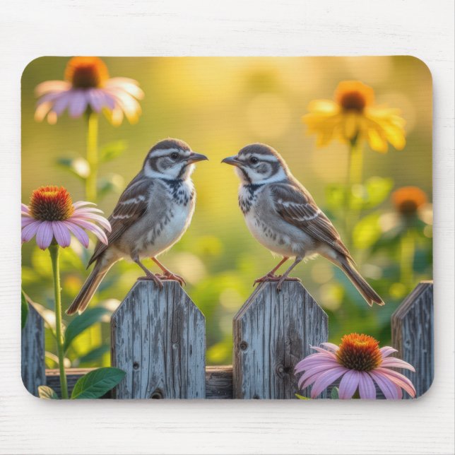 Songbirds Perched On Picket Fence Mouse Mat (Front)