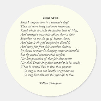 Sonnet # 18 by William Shakespeare Classic Round Sticker