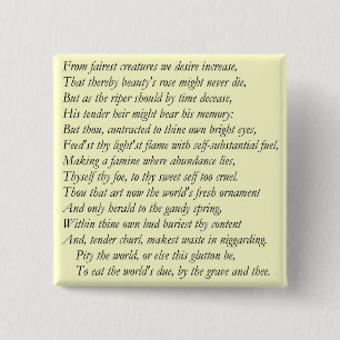 Sonnet # 1 by William Shakespeare 15 Cm Square Badge