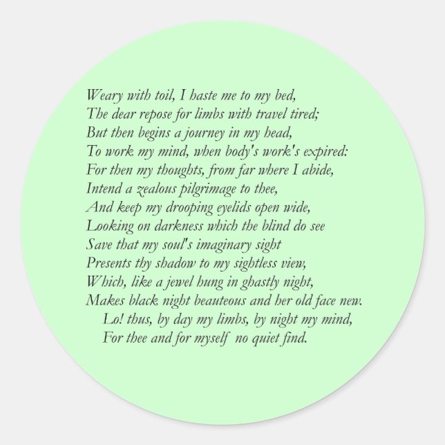 Sonnet # 27 by William Shakespeare Classic Round Sticker (Front)