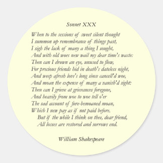 Sonnet # 30 by William Shakespeare Classic Round Sticker