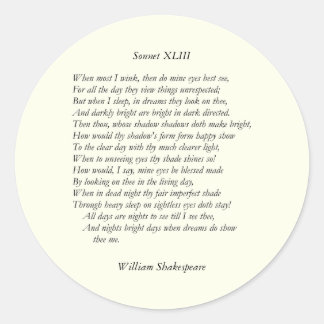 Sonnet # 43 by William Shakespeare Classic Round Sticker