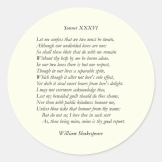 Sonnet Number 36 by William Shakespeare Classic Round Sticker