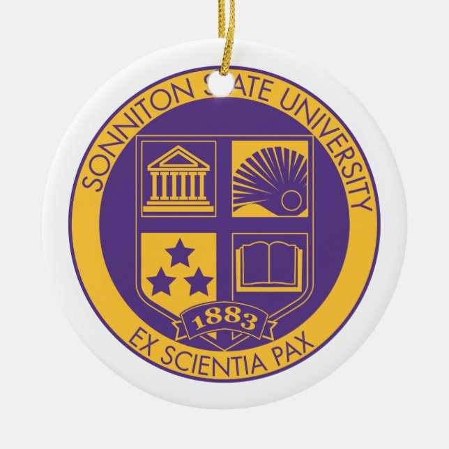 Sonniton State University Seal - Purple/Gold Ceramic Tree Decoration (Front)