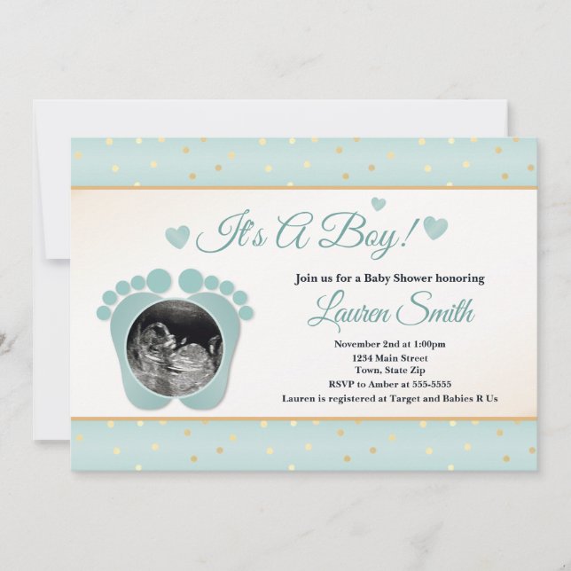Sonogram Baby Shower Invitation Boy, Blue Toes (Front)