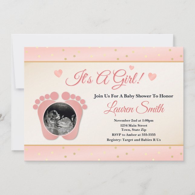 Sonogram Baby Shower Invitation Girl, Pink Toes (Front)