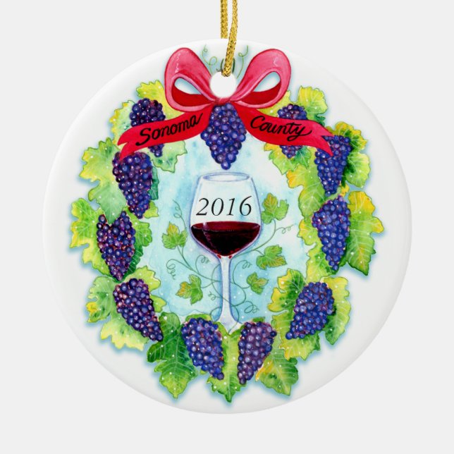 Sonoma County Wine Grapes Christmas Wreath Ceramic Tree Decoration (Front)