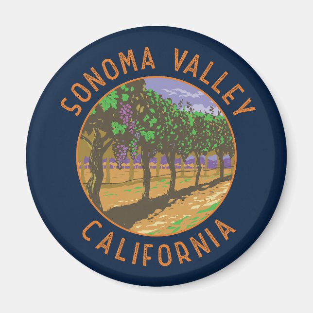Sonoma Valley California Retro Distressed Circle Magnet (Front)