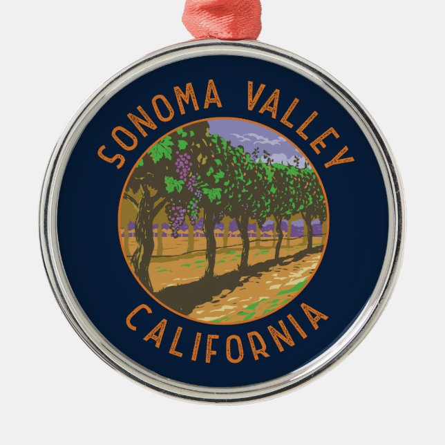 Sonoma Valley California Retro Distressed Circle Metal Tree Decoration (Front)