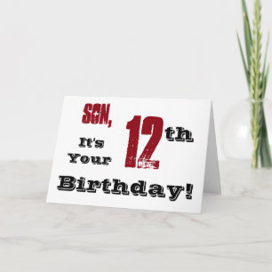 Son's 12th birthday greeting in black, red, white. card