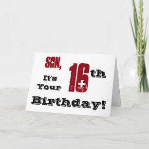 Son's 16th birthday greeting in black, red, white. card