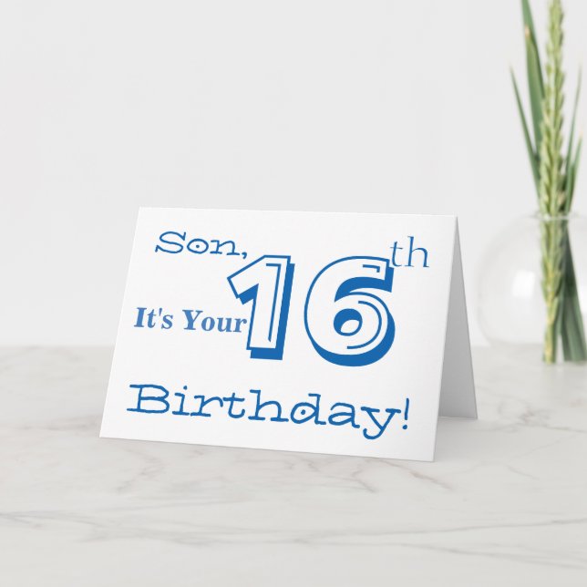 Son's 16th birthday greeting in blue and white. card (Front)