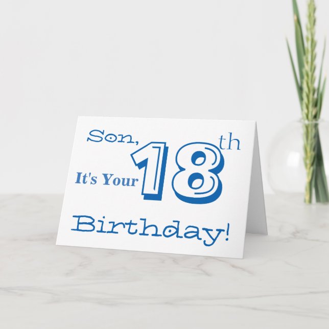 Son's 18th birthday greeting in blue and white. card (Front)