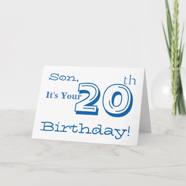 Son's 20th birthday greeting in blue and white. card (Front)