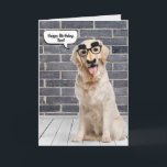 Son's Birthday Golden Retriever with Mask Card<br><div class="desc">Golden retriever wearing a funny mustache mask on gray brick wall and wood floor with speech bubble for Son's birthday.
Can be changed for anyone's birthday. Text is editable.</div>