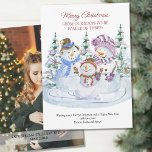 Soon to Be Family of 3 Merry Snowmen Pregnancy Announcement<br><div class="desc">Christmas card pregnancy announcement with due date of new baby. The wording reads "Merry Christmas from our soon-to-be famly of three!" (which you can edit if you wish), followed by your personalised christmas greeting. This watercolor design features 3 cute snowmen with a backdrop of christmas trees. The photo template is...</div>