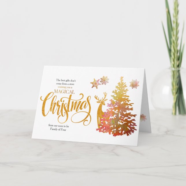 Soon to Be Family of Four Gold Christmas Tree Holiday Card (Front)